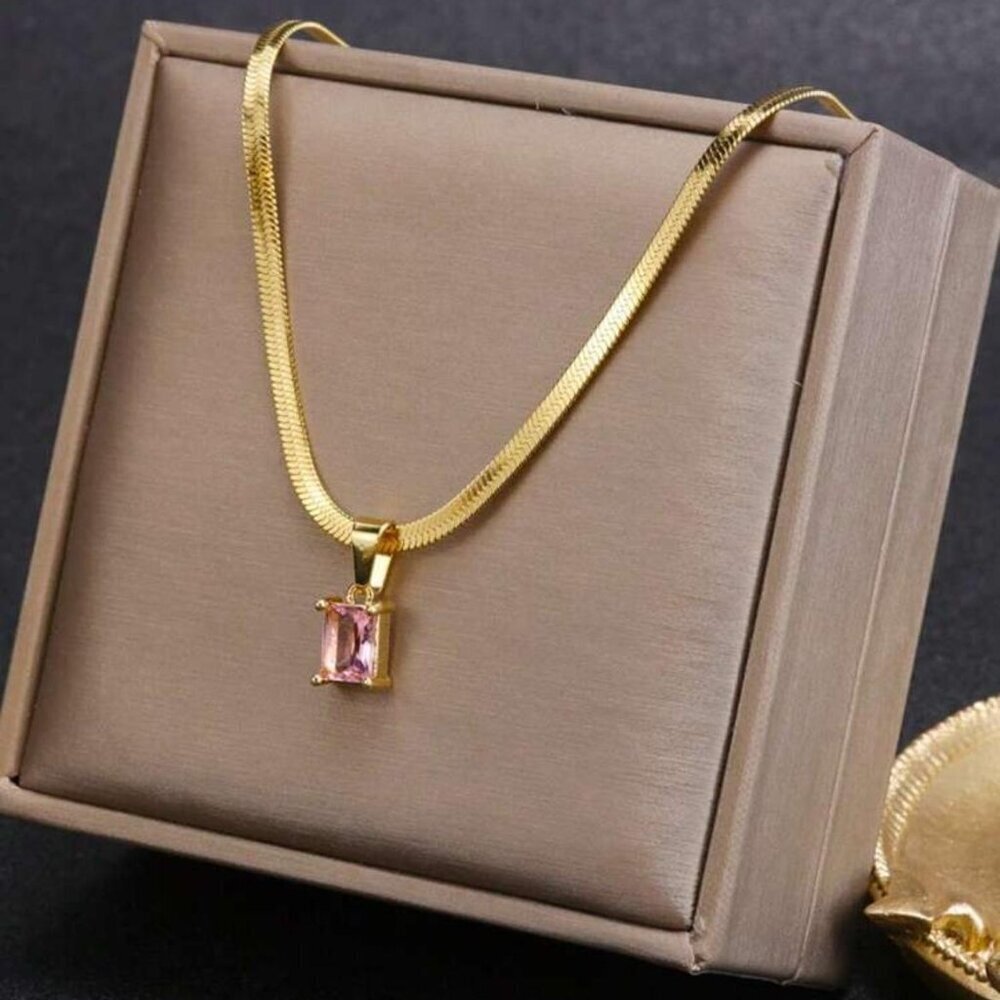 18k Gold Plated and Pink Gemstone Necklace Modern Design Stainless Steel